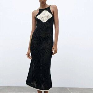 Zara Woman Crochet Knit Midi Dress Blogger Fav Black White Size S Small
